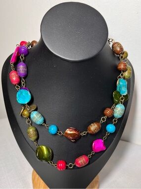 Multi Color Bead Statement Necklace - Women. Single or double wrap. Whimsical